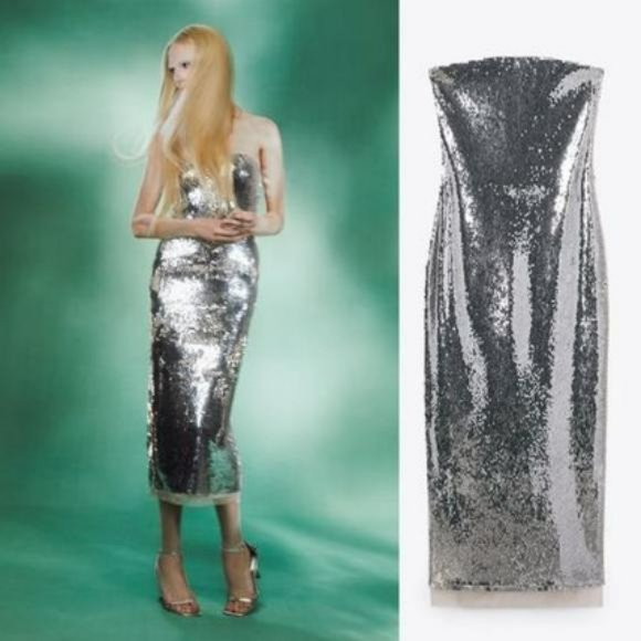 ZARA STRAPLESS SEQUIN DRESS - Picture 1 of 7